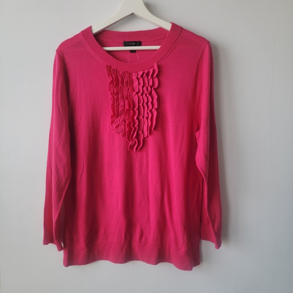 J.CREW women's merino wool ruffle front Tippi sweater sz XL fuchsia pink -F3952